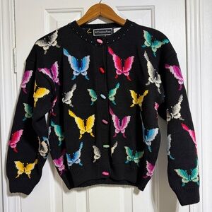 Vintage Christine Foley butterfly black colorful knit button up sweater small
